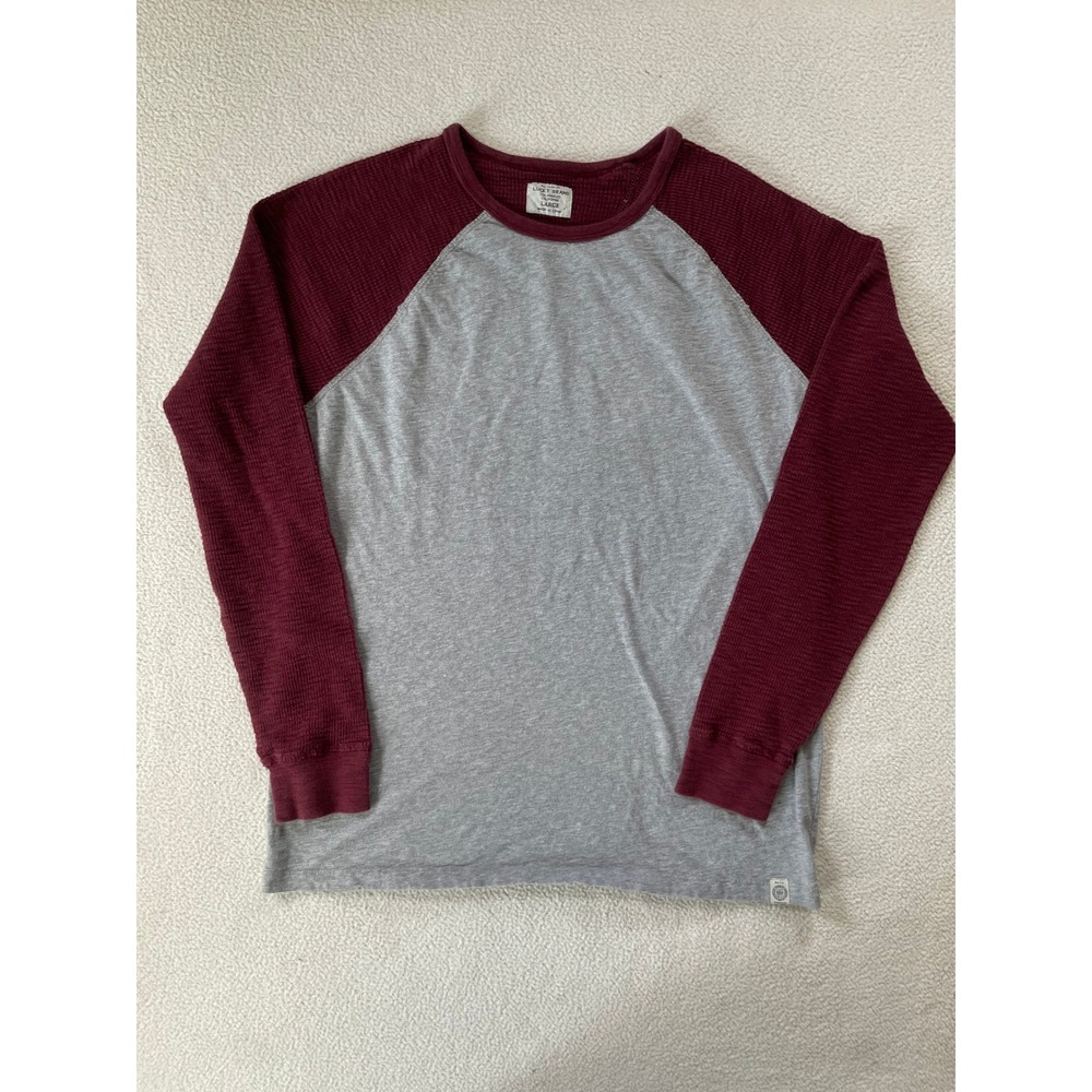 Lucky Brand Mens Large Baseball Tee Grey Burgundy Waffle Knit Raglan Sleeve